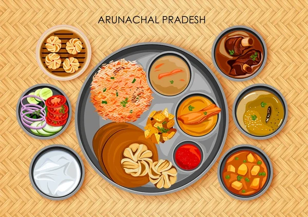 Tradicional Arunachali cozinha e comida refeição thali de Arunachal Pradesh Índia — Vetor de Stock