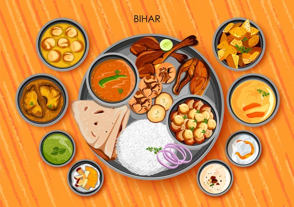 Traditional Bihari cuisine and food meal thali of Bihar India — Stock Vector
