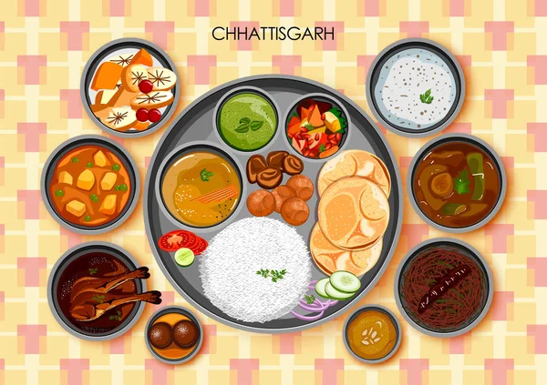 Cocina tradicional de Chhattisgarhi y comida thali de Chhattisgarh India — Archivo Imágenes Vectoriales