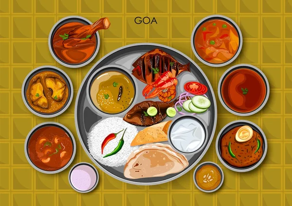 Tradycyjne Goan kuchnia i jedzenie posiłek thali Indie Goa — Wektor stockowy