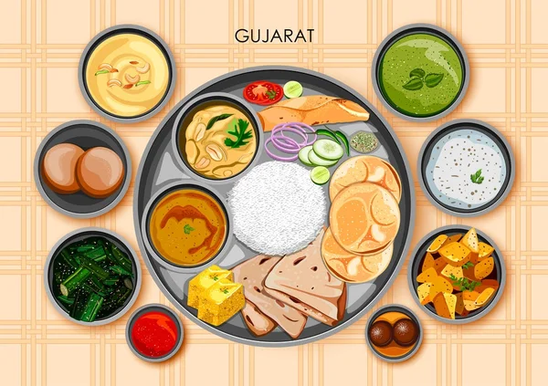 Παραδοσιακό Γκουτζαρατικά κουζίνα και το φαγητό γεύμα Θαλή της Ινδίας Γκουτζαράτ — Διανυσματικό Αρχείο