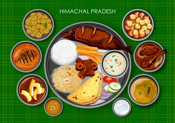 Tradycyjne Himachali kuchnia i jedzenie posiłek thali Himachal Pradesh, Indie — Wektor stockowy