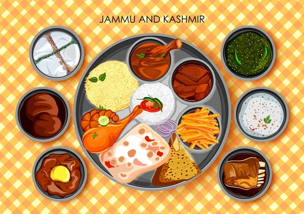 Traditionelle Küche und Speisemahlzeit Thali aus Jammu und Kaschmir Indien — Stockvektor