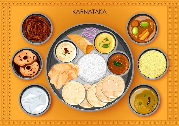 Tradycyjne Karnatakan kuchnia i jedzenie posiłek thali Karnataka, Indie — Wektor stockowy