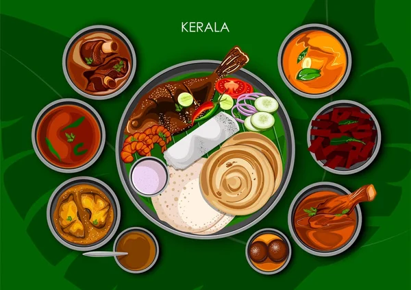 Hagyományos Keralite ételeket és az élelmiszer étkezés thali India Kerala — Stock Vector