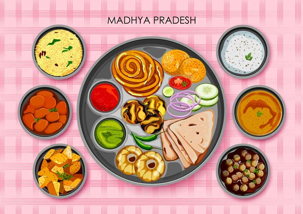 Tradycyjna kuchnia i jedzenie posiłek thali Madhya Pradesh w Indiach — Wektor stockowy