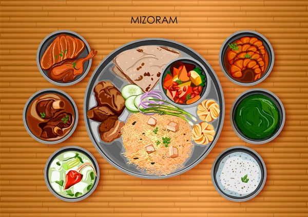 米佐拉姆邦印度传统 Mizorami 菜和食品大盘 — 图库矢量图片