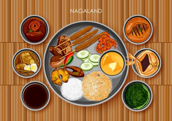 Cozinha tradicional Naga e comida refeição thali de Nagaland Índia — Vetor de Stock