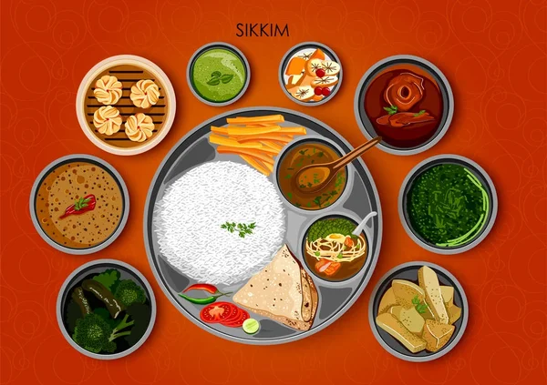 Tradycyjne dania kuchni i jedzenie posiłek thali Indii Sikkim — Wektor stockowy