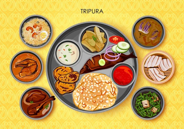 Tradycyjne dania kuchni i jedzenie posiłek thali Tripura Indii — Wektor stockowy