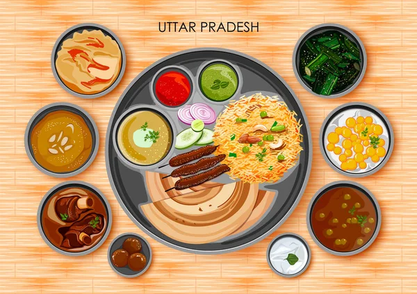 Hagyományos ételeket és az élelmiszer étkezés thali Uttar Pradesh India — Stock Vector