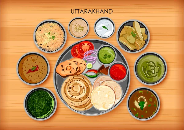 Cocina tradicional y comida thali de Uttarakhand India — Vector de stock