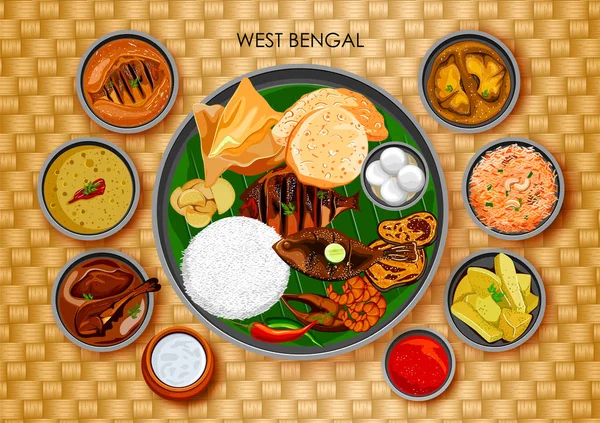 Tradycyjne bengalski kuchnia i jedzenie posiłek thali Bengal Zachodni, Indie — Wektor stockowy