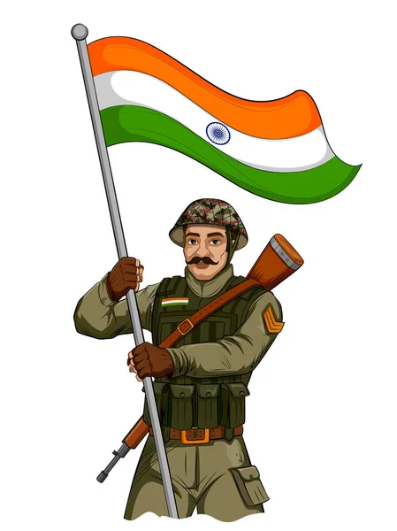 Soldador del ejército indio sosteniendo falg de la India con orgullo — Vector de stock