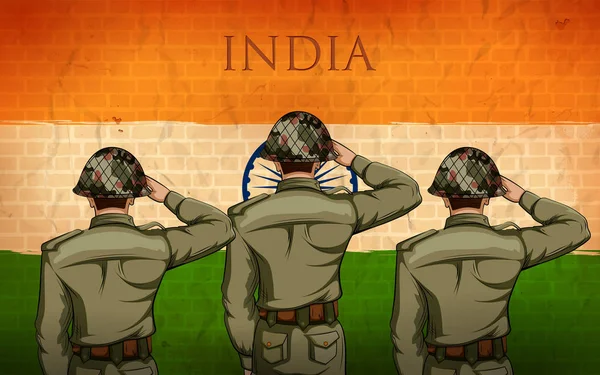 インドの軍隊 soilder プライドとインドの国旗に敬礼 — ストックベクタ