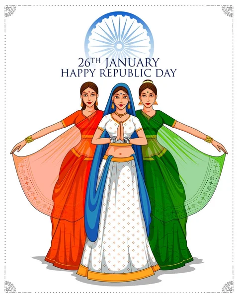 Bayan Hint üç renkli sari bayrak için 26 Ocak mutlu Cumhuriyet Bayramı Hindistan — Stok Vektör