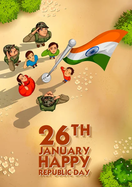 Pueblo indio saludando la bandera de la India con orgullo en el feliz Día de la República — Vector de stock