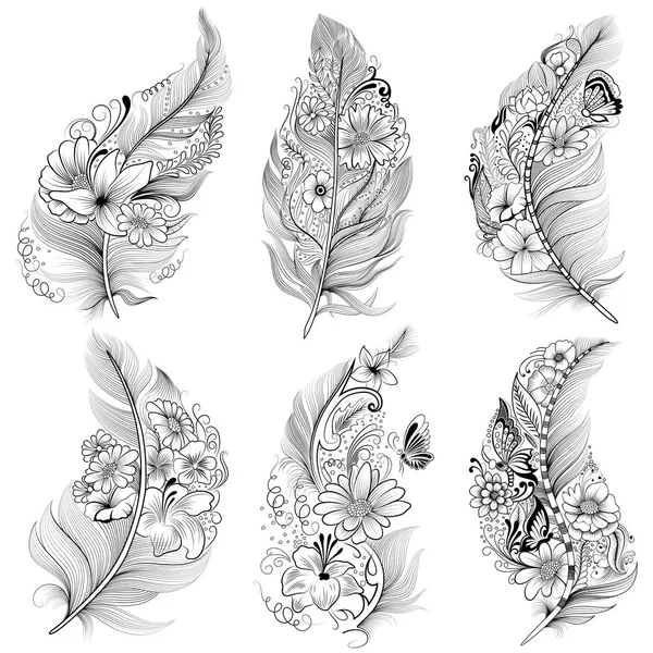 Design d'art de tatouage de la collection de plumes florales — Image vectorielle