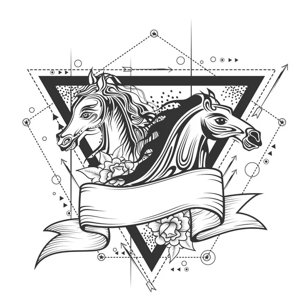线条艺术中的赛马纹身艺术设计 — 图库矢量图片