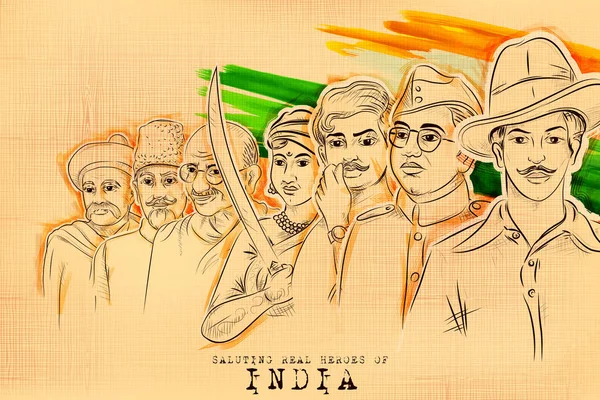 Fond Tricolor Inde avec héros de la nation et combattant de la liberté pour la fête de l'indépendance — Image vectorielle