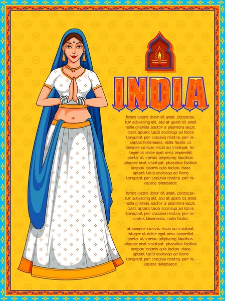 Lady csinál namaste gesztus mutatja üdvözli India háttér — Stock Vector