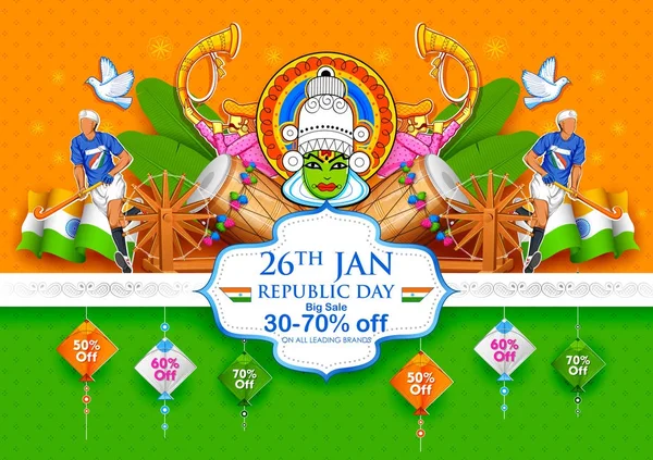 Bandera tricolor con bandera india para el 26 de enero Happy Republic Day of India — Vector de stock