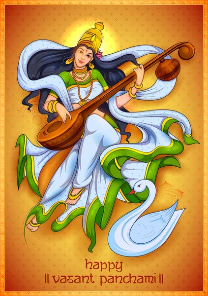 智慧女神Saraswati for Vasant Panchami India音乐节背景 — 图库矢量图片