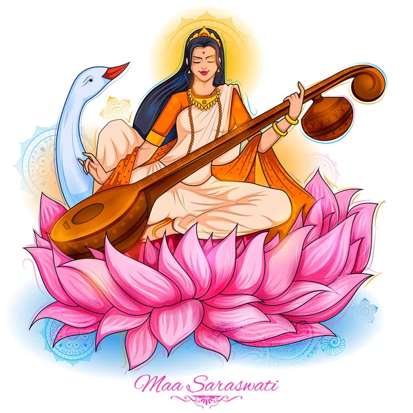 Göttin der Weisheit Saraswati für Vasant Panchami Indien Festival Hintergrund — Stockvektor