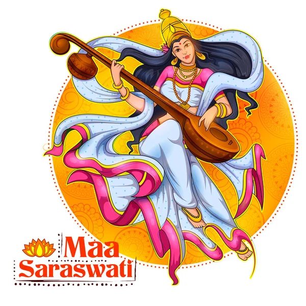 智慧女神Saraswati for Vasant Panchami India音乐节背景 — 图库矢量图片