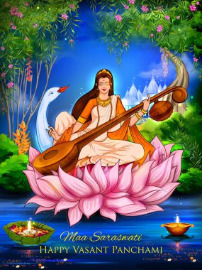 Vasant Panchami Hindistan festivali için Bilgelik Tanrıçası Saraswati