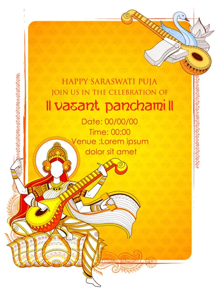 Vasant Panchami Hindistan festivali için Bilgelik Tanrıçası Saraswati — Stok Vektör