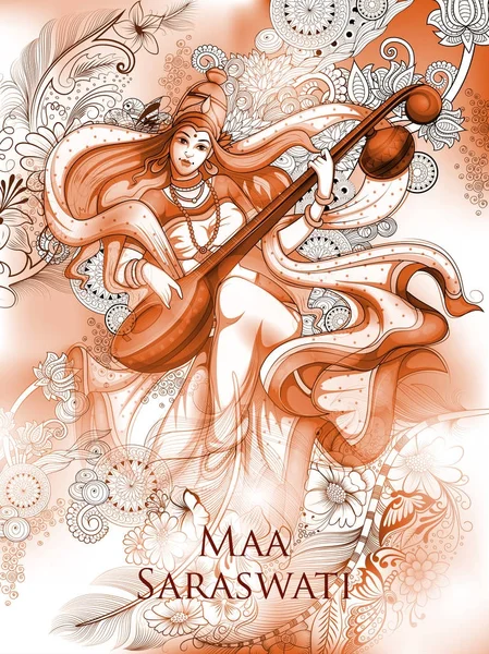 智慧女神Saraswati for Vasant Panchami India音乐节背景 — 图库矢量图片