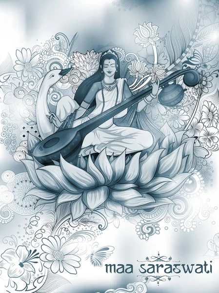 智慧女神Saraswati for Vasant Panchami India音乐节背景 — 图库矢量图片