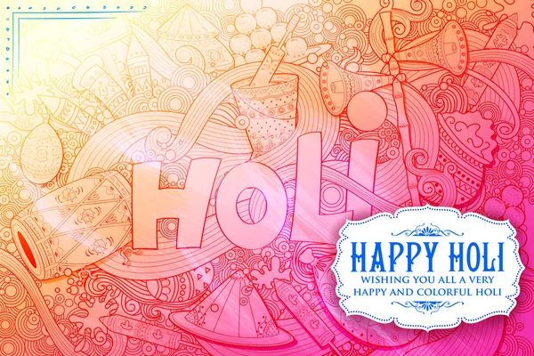 Happy Holi Doodle Arrière-plan pour les salutations de célébration du Festival des couleurs — Image vectorielle