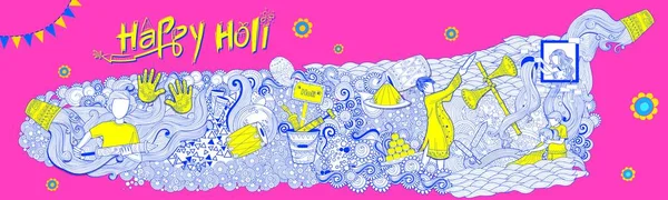 Happy Holi Doodle Sfondo per il Festival dei Colori celebrazione saluti — Vettoriale Stock