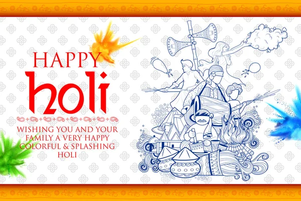 Feliz Holi Doodle Antecedentes para la celebración del Festival de los Colores saludos — Vector de stock