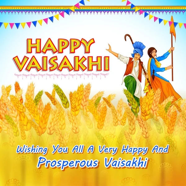 Happy Vaisakhi Punjabi festival panen musim semi Sikh latar belakang perayaan - Stok Vektor