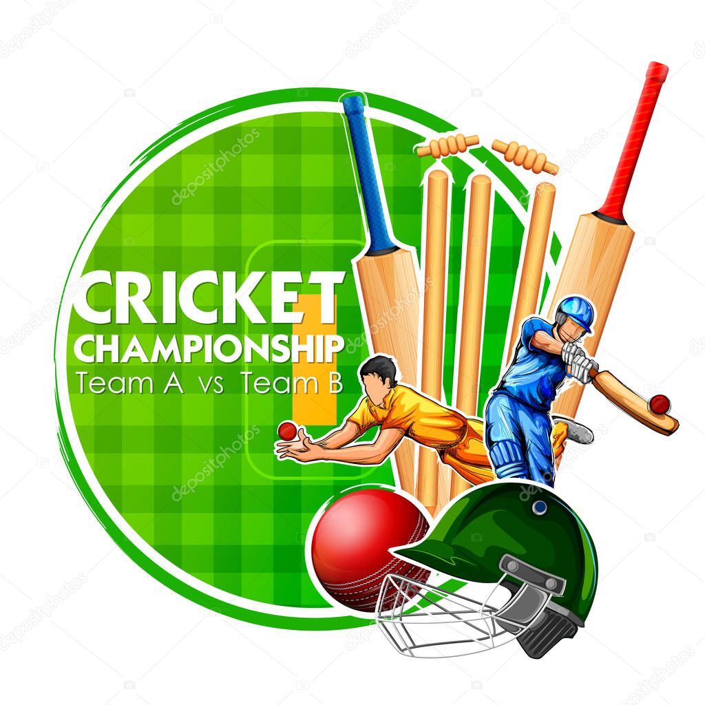 Player bat, ball and helmet on cricket sports background