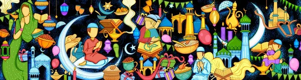 Eid Mubarak Feliz Eid fondo para el festival religioso Islam en el mes sagrado de Ramazán — Vector de stock
