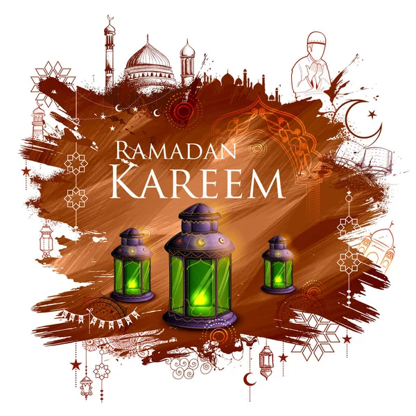 Ramadã Kareem Generosas saudações Ramadã para o Islã festival religioso Eid com esboço à mão livre Meca edifício —  Vetores de Stock