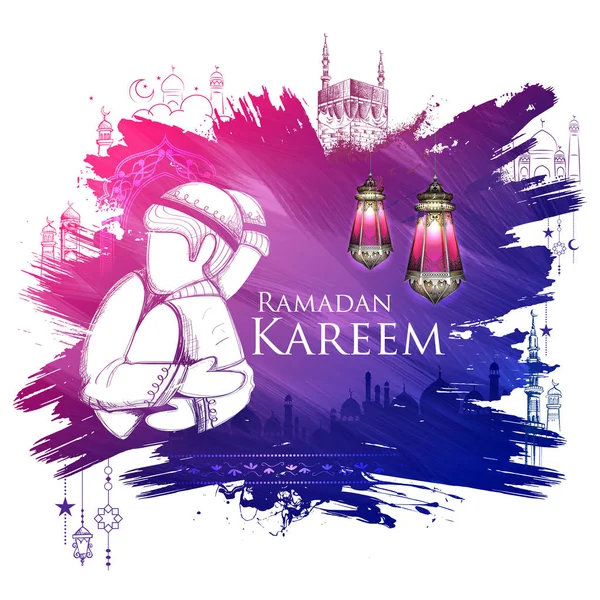 Ramadan Kareem Salutations généreuses du Ramadan pour la fête religieuse de l'Islam Aïd avec croquis à main levée Bâtiment de la Mecque — Image vectorielle