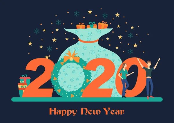 Personas celebrando Feliz Navidad y Feliz Año Nuevo 2020 en el fondo de vacaciones — Vector de stock