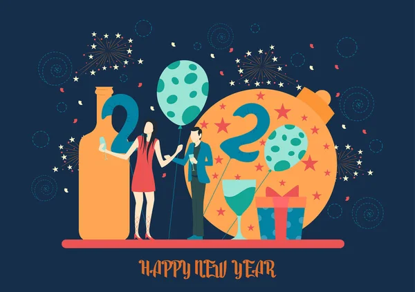 Personas celebrando Feliz Navidad y Feliz Año Nuevo 2020 en el fondo de vacaciones — Vector de stock