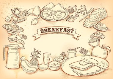 Otel veya restoranın menü arkaplan tasarımı için farklı türde kahvaltı ögesi şablonu