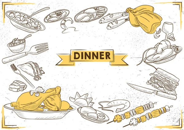 Шаблон різних типів обіднього предмета для дизайну фонового меню готелю або ресторану — стоковий вектор