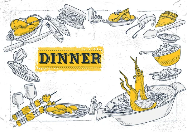 Πρότυπο των διαφόρων τύπων στοιχείο δείπνο για το σχεδιασμό φόντο μενού του ξενοδοχείου ή εστιατόριο — Διανυσματικό Αρχείο