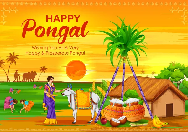 Happy Pongal Holiday Harvest Festival of Tamil Nadu India de Sud salut fundal — Vector de stoc