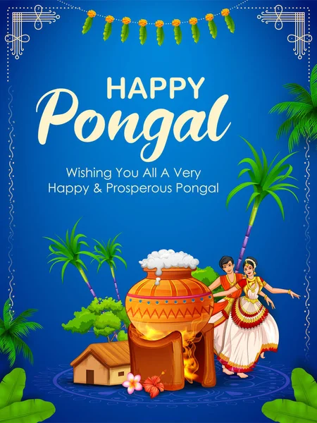 Happy Pongal Holiday Harvest Festival of Tamil Nadu South India greeting background — Stock Vector