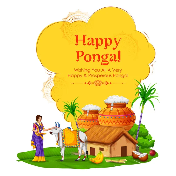Mutlu Pongal tatil hasat festivali Tamil Nadu Güney arka plan tebrik Hindistan — Stok Vektör