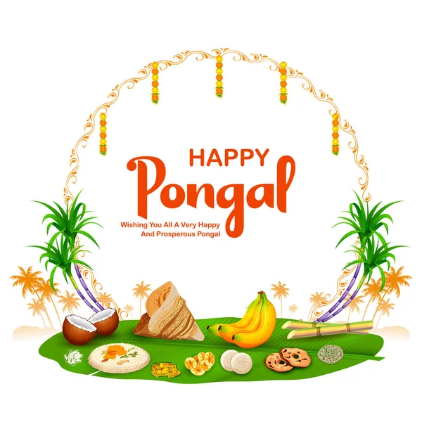 Happy Pongal Holiday Harvest Festival of Tamil Nadu Etelä-Intian tervehdys tausta — vektorikuva